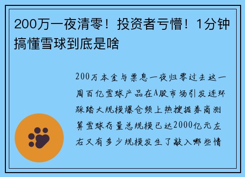 200万一夜清零！投资者亏懵！1分钟搞懂雪球到底是啥