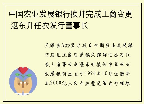 中国农业发展银行换帅完成工商变更 湛东升任农发行董事长