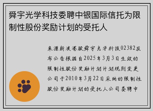 舜宇光学科技委聘中银国际信托为限制性股份奖励计划的受托人
