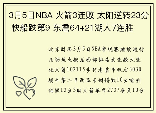 3月5日NBA 火箭3连败 太阳逆转23分 快船跌第9 东詹64+21湖人7连胜