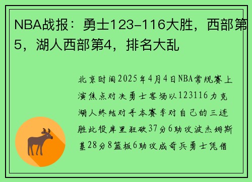 NBA战报：勇士123-116大胜，西部第5，湖人西部第4，排名大乱