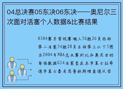 04总决赛05东决06东决——奥尼尔三次面对活塞个人数据&比赛结果