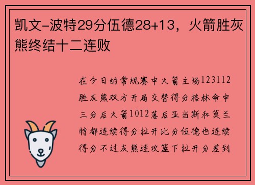 凯文-波特29分伍德28+13，火箭胜灰熊终结十二连败